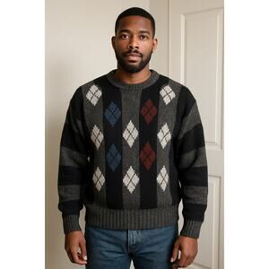 Vintage 90s Men Chunky Textured Knit Striped Diamond Print Biggie Sweater Large